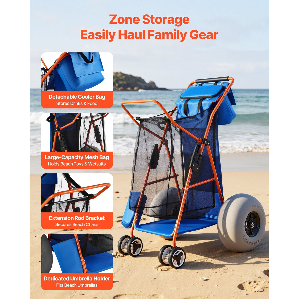 Beach Cart with Large Wheels for Sand, 165 lbs Load Capacity, Heavy Duty Folding Beach Wagon with 12" Balloon Wheels, Insulated Cooler Bag, Umbrella Holder, Holds 4 Chairs for Camping & Fishing