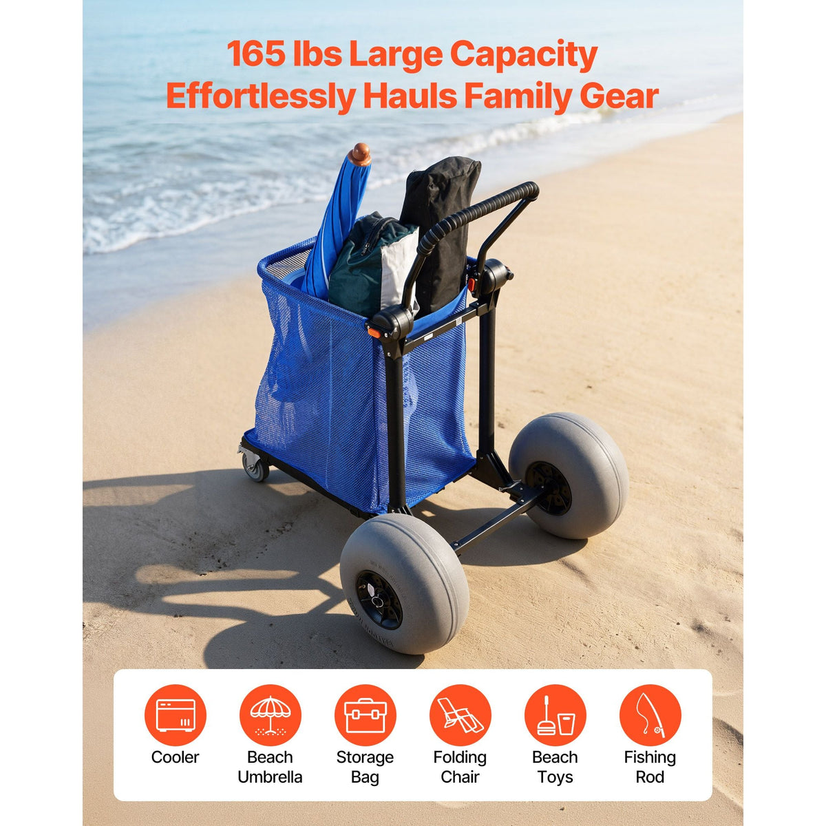 Beach Cart with Large Wheels for Sand, 165 lbs Load Capacity, Heavy Duty Folding Beach Wagon with 12" Balloon Wheels, Storage Bag, 180° Adjustable Handlebar, Dolly for Camping Fishing Garden