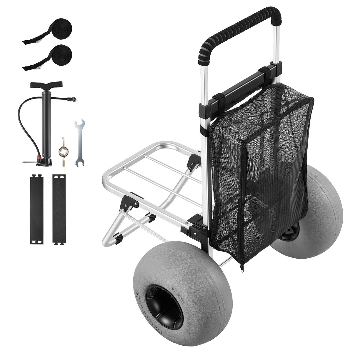 Beach Dolly with Big Wheels for Sand, 20" x 15" Cargo Deck, Folding Sand Cart with 12" Balloon Wheels, 165 lbs Loading Capacity & 34" to 46" Adjustable Height, Heavy Duty Cart for Beach Camping