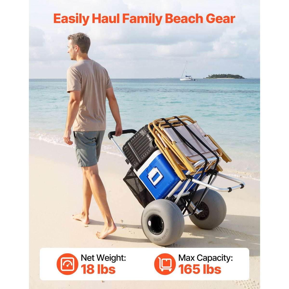 Beach Dolly with Big Wheels for Sand, 20" x 15" Cargo Deck, Folding Sand Cart with 12" Balloon Wheels, 165 lbs Loading Capacity & 34" to 46" Adjustable Height, Heavy Duty Cart for Beach Camping