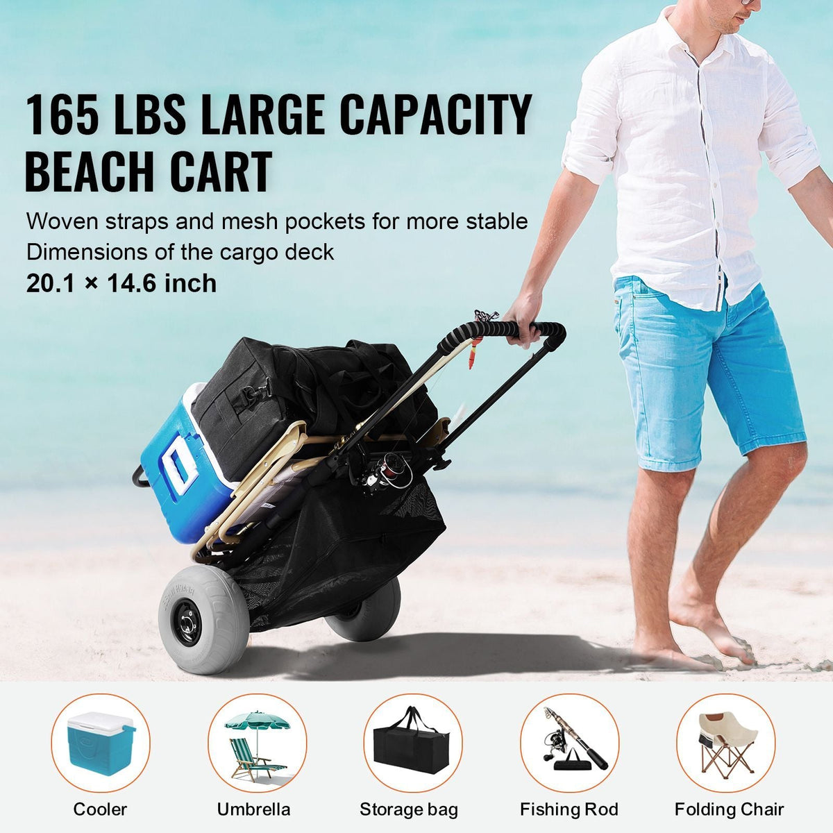 Beach Dolly with Big Wheels for Sand, 20.1" x 14.6" Cargo Deck, w/ 9" Balloon Wheels, 165LBS Loading Capacity Folding Sand Cart & 27.2" to 44.9" Adjustable Height, Heavy Duty Cart for Beach