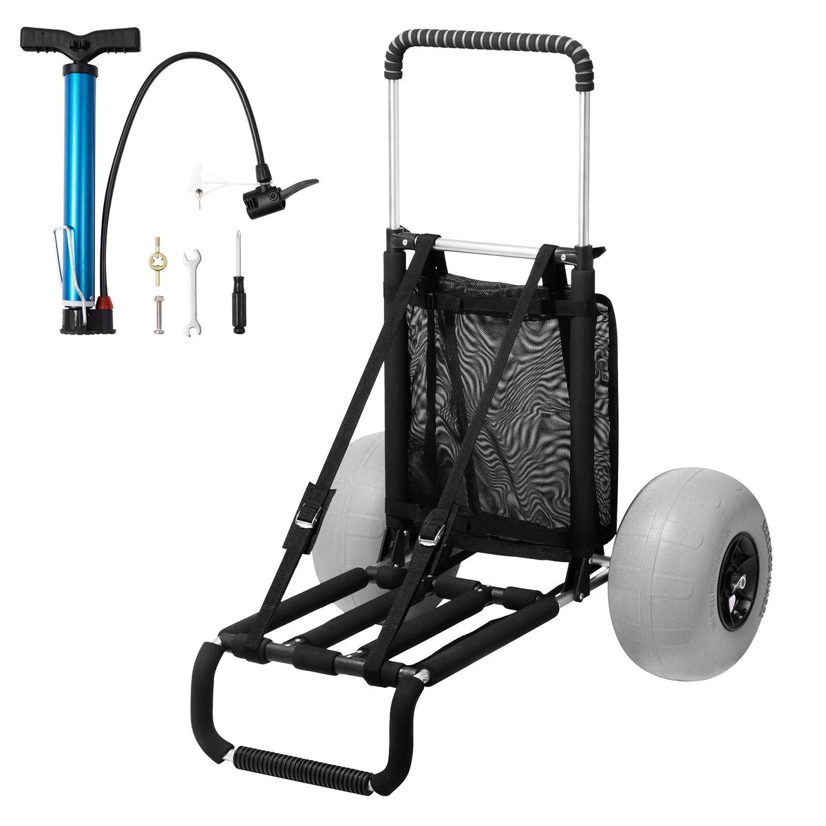 Beach Dolly with Big Wheels for Sand, 29.9" x 15.4" Cargo Deck, w/ 12" Balloon Wheels, 165LBS Loading Capacity Folding Sand Cart & 27" to 44.7" Adjustable Height, Heavy Duty Cart for Beach