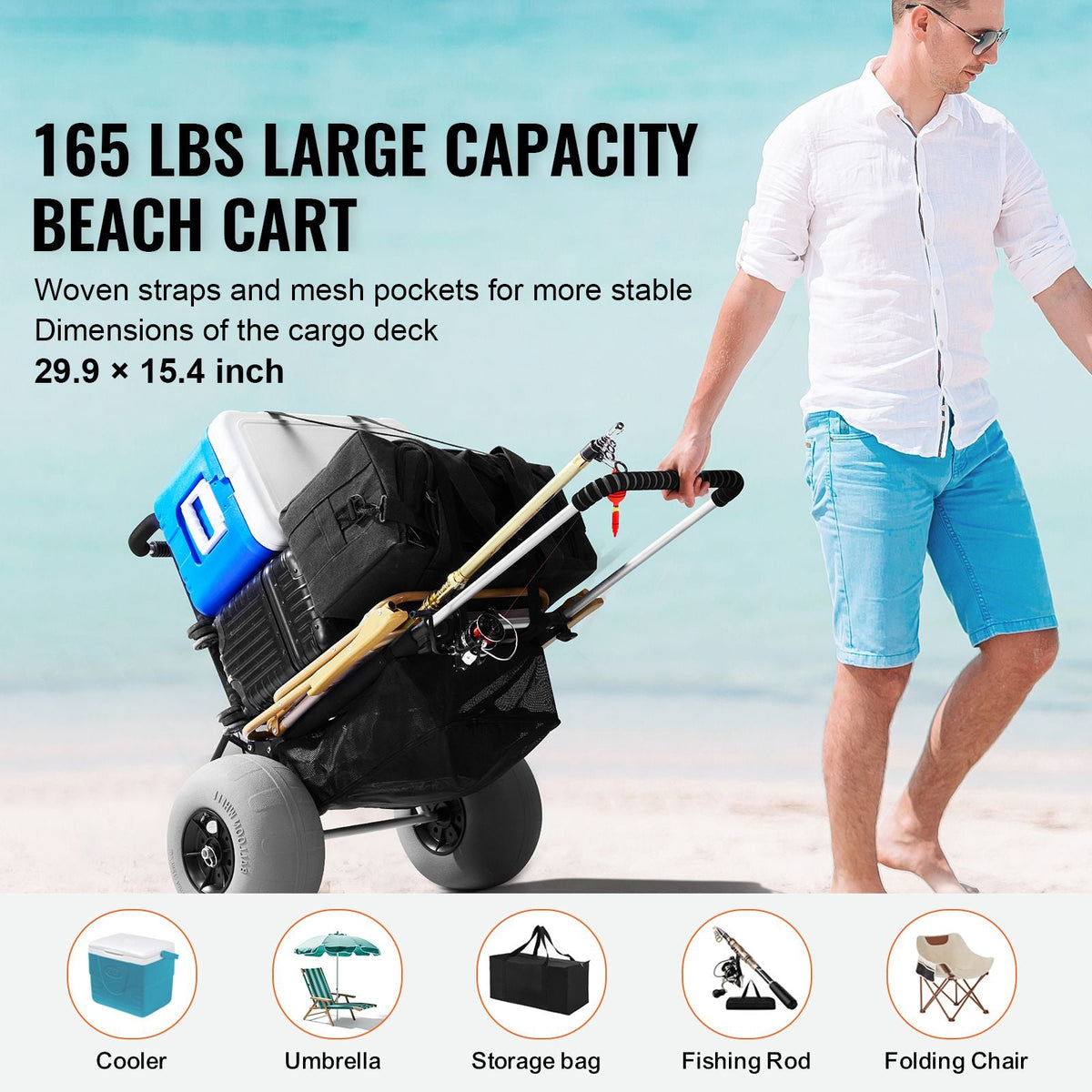 Beach Dolly with Big Wheels for Sand, 29.9" x 15.4" Cargo Deck, w/ 12" Balloon Wheels, 165LBS Loading Capacity Folding Sand Cart & 27" to 44.7" Adjustable Height, Heavy Duty Cart for Beach