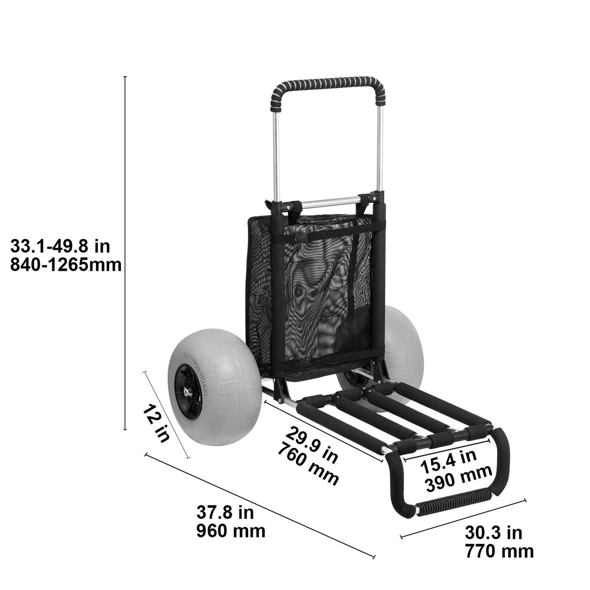 Beach Dolly with Big Wheels for Sand, 29.9" x 15.4" Cargo Deck, w/ 12" Balloon Wheels, 165LBS Loading Capacity Folding Sand Cart & 27" to 44.7" Adjustable Height, Heavy Duty Cart for Beach