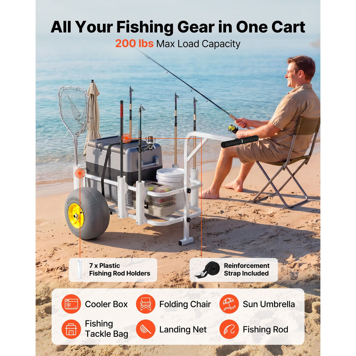 Beach Fishing Cart, 200 lbs Load Capacity, Fishing Cart Wagon with Heavy-Duty Carbon Steel Frame, 13-Inch All-Terrain PU Balloon Tires, 7 Rod Holders, for Outdoor Activities Camping Picnic