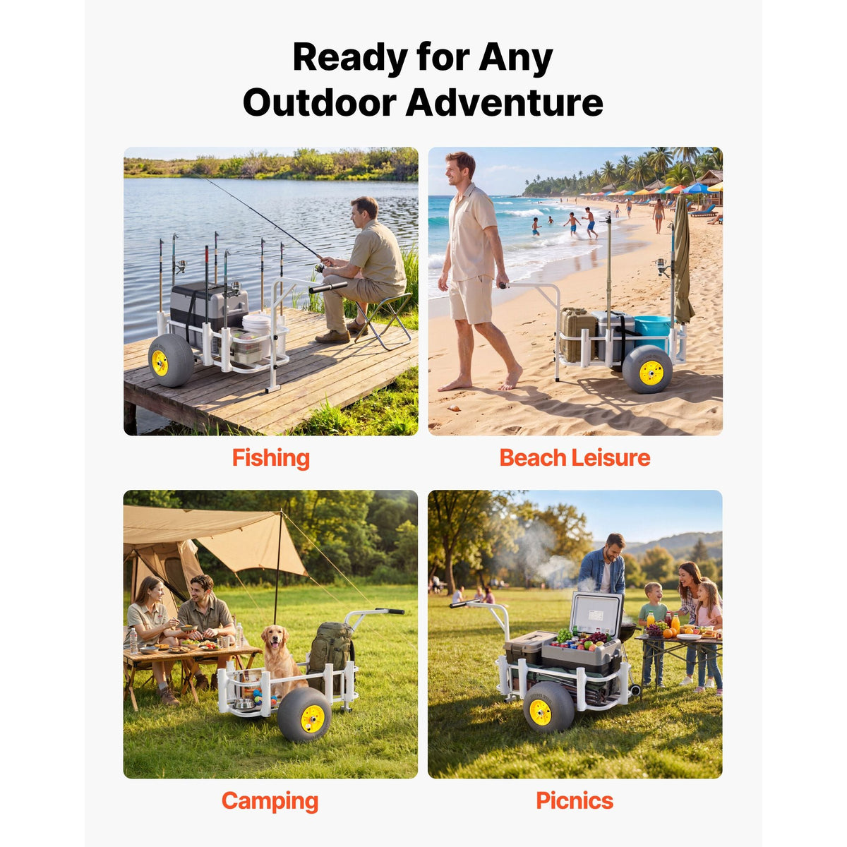 Beach Fishing Cart, 200 lbs Load Capacity, Fishing Cart Wagon with Heavy-Duty Carbon Steel Frame, 13-Inch All-Terrain PU Balloon Tires, 7 Rod Holders, for Outdoor Activities Camping Picnic