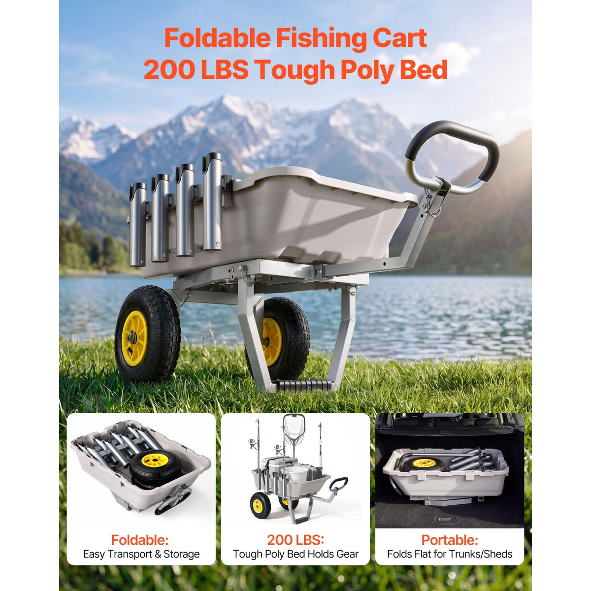 Beach Fishing Cart, 200 lbs Load Capacity, Fishing Cart with Poly Bed, Heavy-Duty Aluminum Alloy Frame, 13-Inch All-Terrain Tires, 8 Rod Holders, Strap, Easy to Clean, for Outdoor Camping Picnic