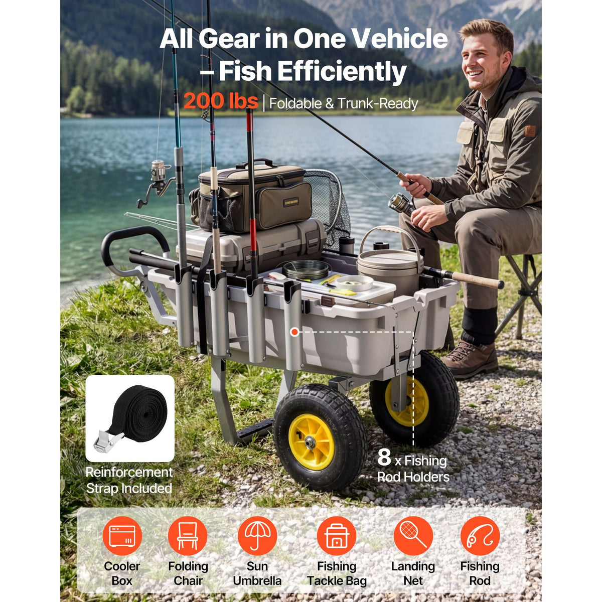 Beach Fishing Cart, 200 lbs Load Capacity, Fishing Cart with Poly Bed, Heavy-Duty Aluminum Alloy Frame, 13-Inch All-Terrain Tires, 8 Rod Holders, Strap, Easy to Clean, for Outdoor Camping Picnic
