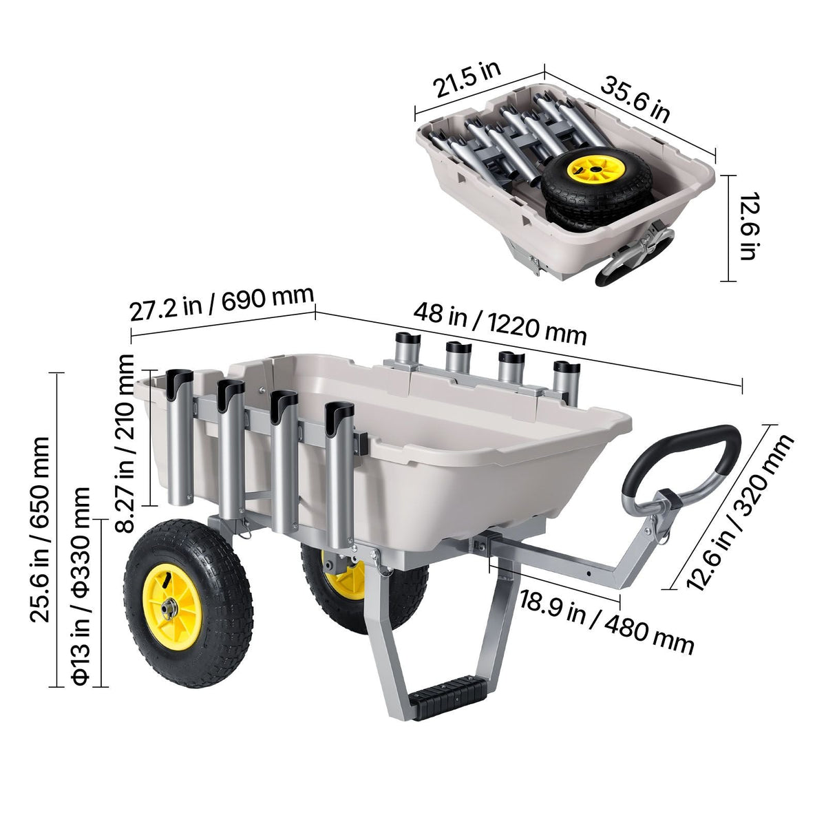Beach Fishing Cart, 200 lbs Load Capacity, Fishing Cart with Poly Bed, Heavy-Duty Aluminum Alloy Frame, 13-Inch All-Terrain Tires, 8 Rod Holders, Strap, Easy to Clean, for Outdoor Camping Picnic