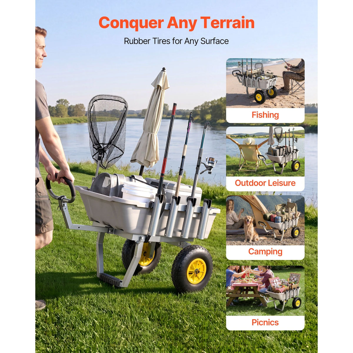 Beach Fishing Cart, 200 lbs Load Capacity, Fishing Cart with Poly Bed, Heavy-Duty Aluminum Alloy Frame, 13-Inch All-Terrain Tires, 8 Rod Holders, Strap, Easy to Clean, for Outdoor Camping Picnic