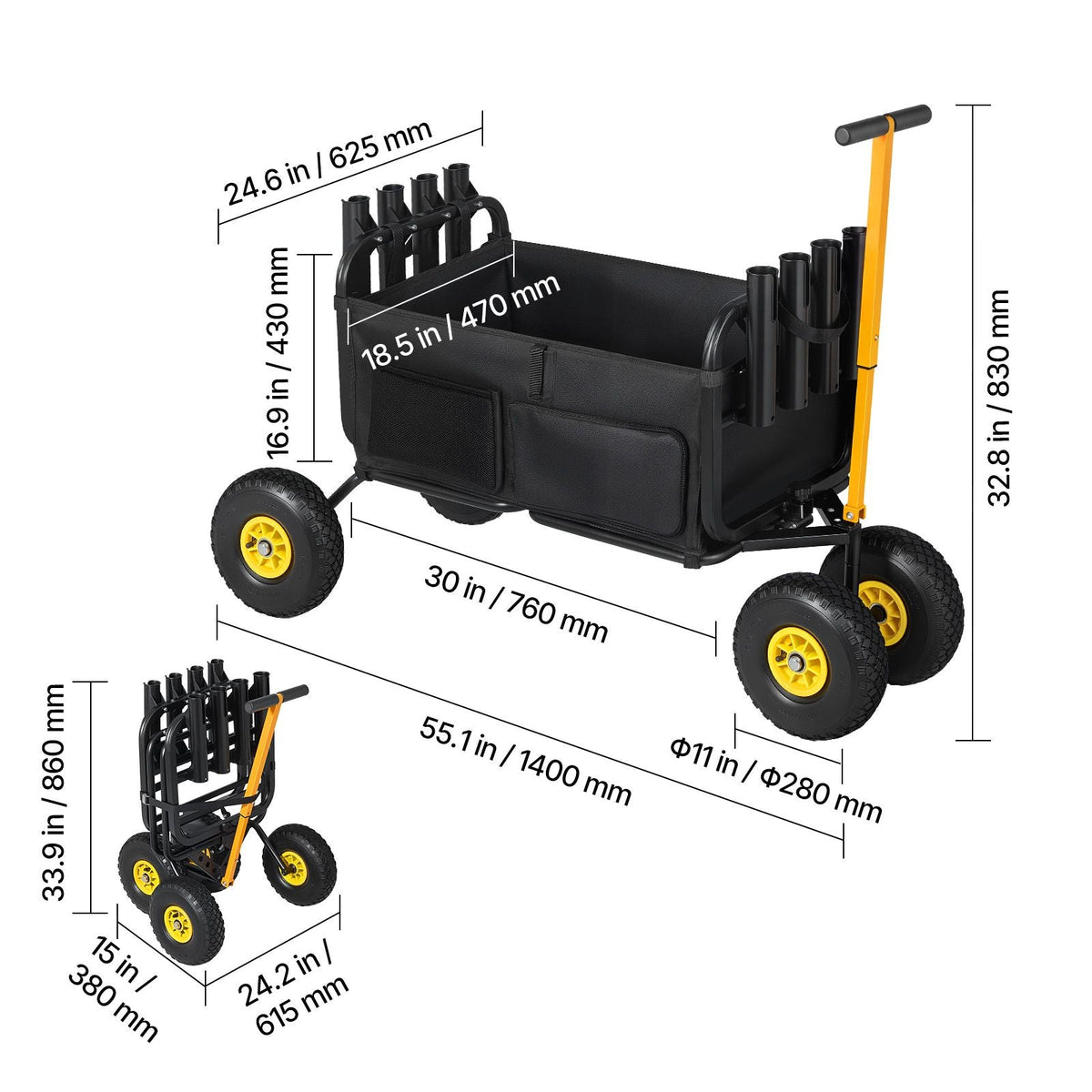 Beach Fishing Cart, 300 lbs Load Capacity, Foldable Fishing Cart with Heavy-Duty Carbon Steel Frame, 11-Inch All-Terrain Tires, 8 Rod Holders, Strap, Easy to Clean, for Outdoor Camping Picnic
