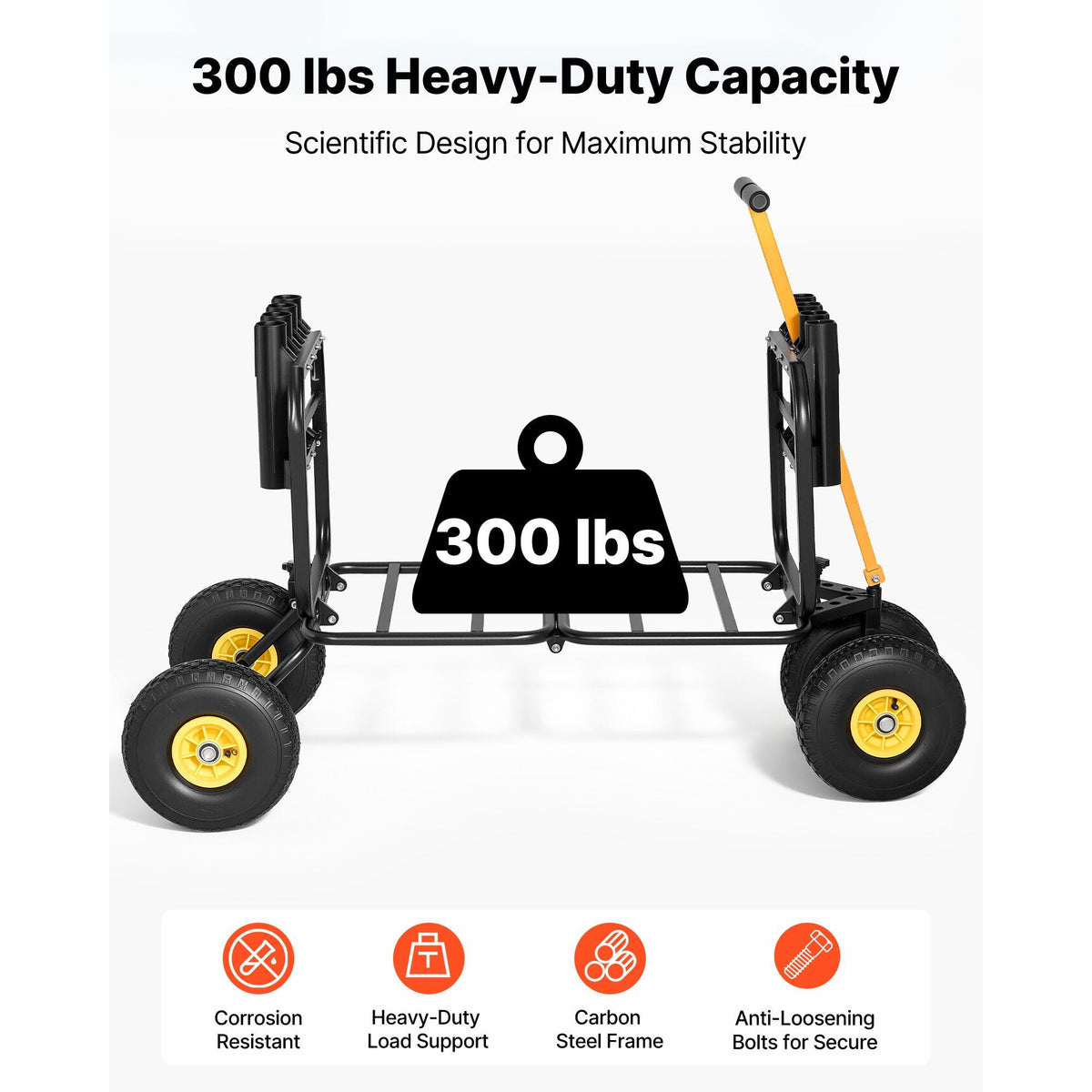 Beach Fishing Cart, 300 lbs Load Capacity, Foldable Fishing Cart with Heavy-Duty Carbon Steel Frame, 11-Inch All-Terrain Tires, 8 Rod Holders, Strap, Easy to Clean, for Outdoor Camping Picnic