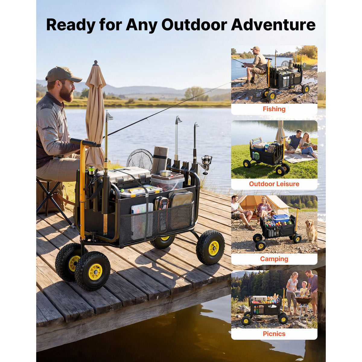 Beach Fishing Cart, 300 lbs Load Capacity, Foldable Fishing Cart with Heavy-Duty Carbon Steel Frame, 11-Inch All-Terrain Tires, 8 Rod Holders, Strap, Easy to Clean, for Outdoor Camping Picnic