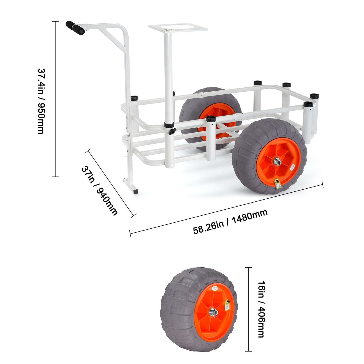 Beach Fishing Cart, 350 lbs Load Capacity, Fish and Marine Cart with Two 16" Big Wheels PU Balloon Tires for Sand, Heavy-Duty Aluminum Pier Wagon Trolley with 8 Rod Holders for Fishing, Picnic