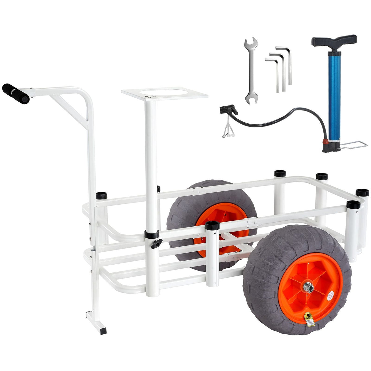 Beach Fishing Cart, 350 lbs Load Capacity, Fish and Marine Cart with Two 16" Big Wheels PU Balloon Tires for Sand, Heavy-Duty Aluminum Pier Wagon Trolley with 8 Rod Holders for Fishing, Picnic