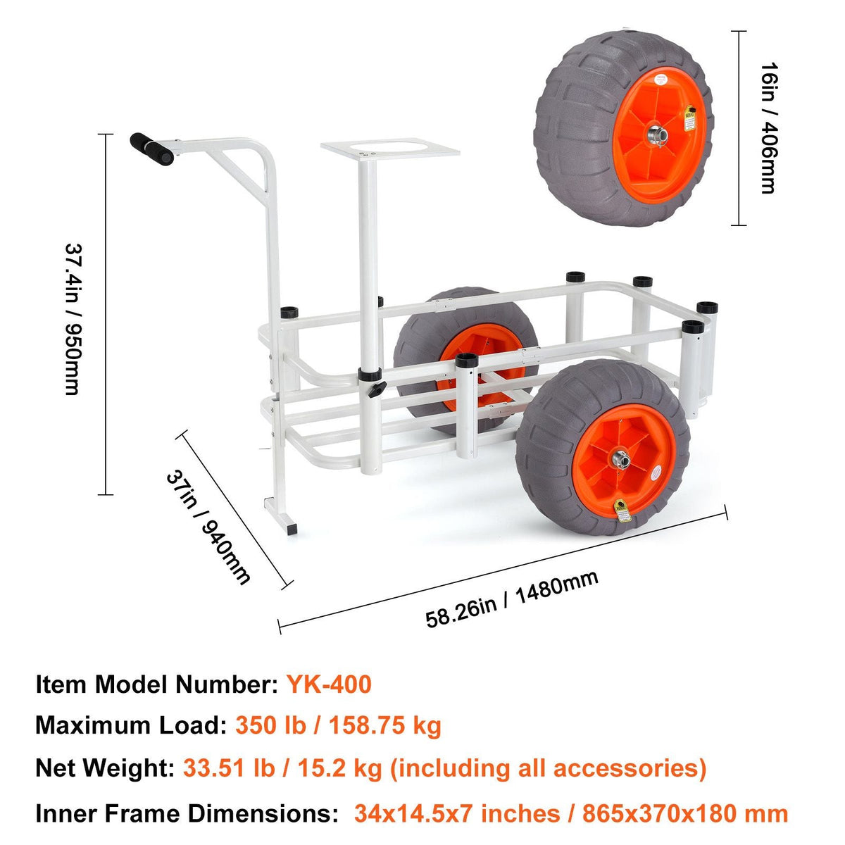 Beach Fishing Cart, 350 lbs Load Capacity, Fish and Marine Cart with Two 16" Big Wheels PU Balloon Tires for Sand, Heavy-Duty Aluminum Pier Wagon Trolley with 8 Rod Holders for Fishing, Picnic