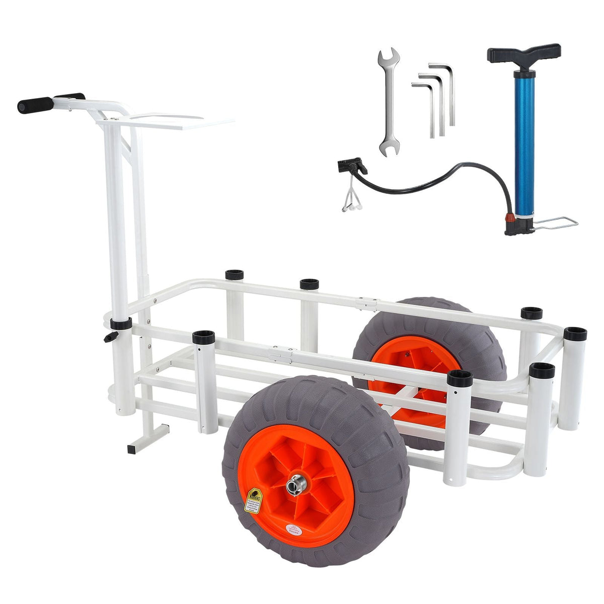 Beach Fishing Cart, 350 lbs Load Capacity, Fish and Marine Cart with Two 16" Big Wheels PU Balloon Tires for Sand, Heavy-Duty Aluminum Pier Wagon Trolley with 8 Rod Holders for Fishing, Picnic