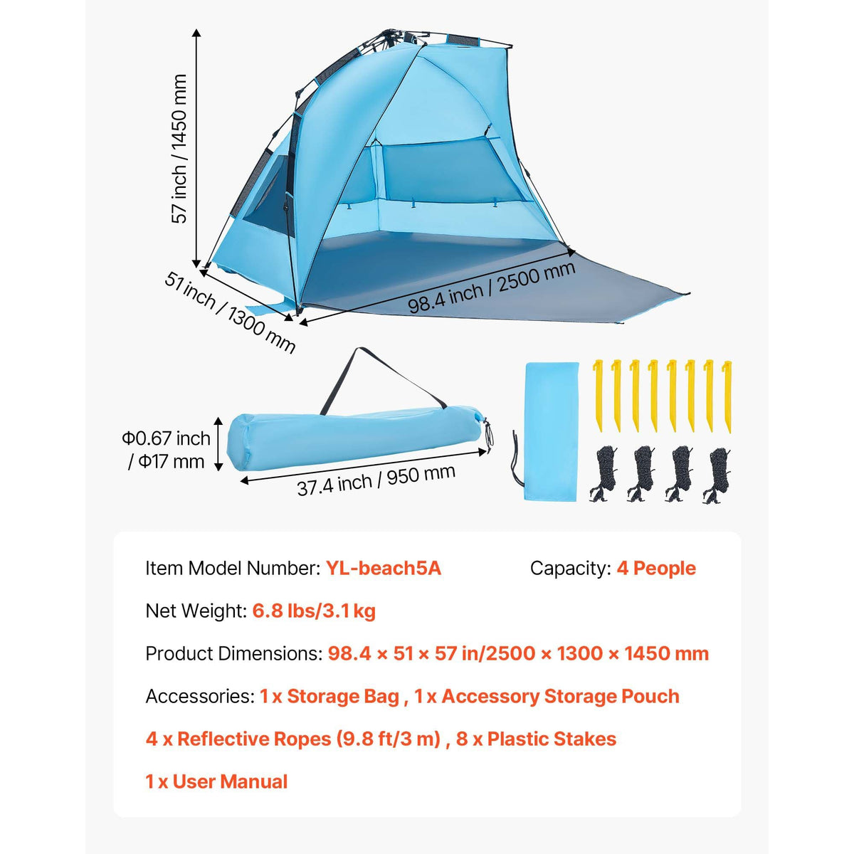 Beach Tent Sun Shelter for 4 Person, Pop Up Beach Tent UPF 50+ Protection, Portable Sun Shade Canopy with Carrying Bag and Sand Pockets, Easy Setup Umbrella for Camping Fishing Outdoor Picnic