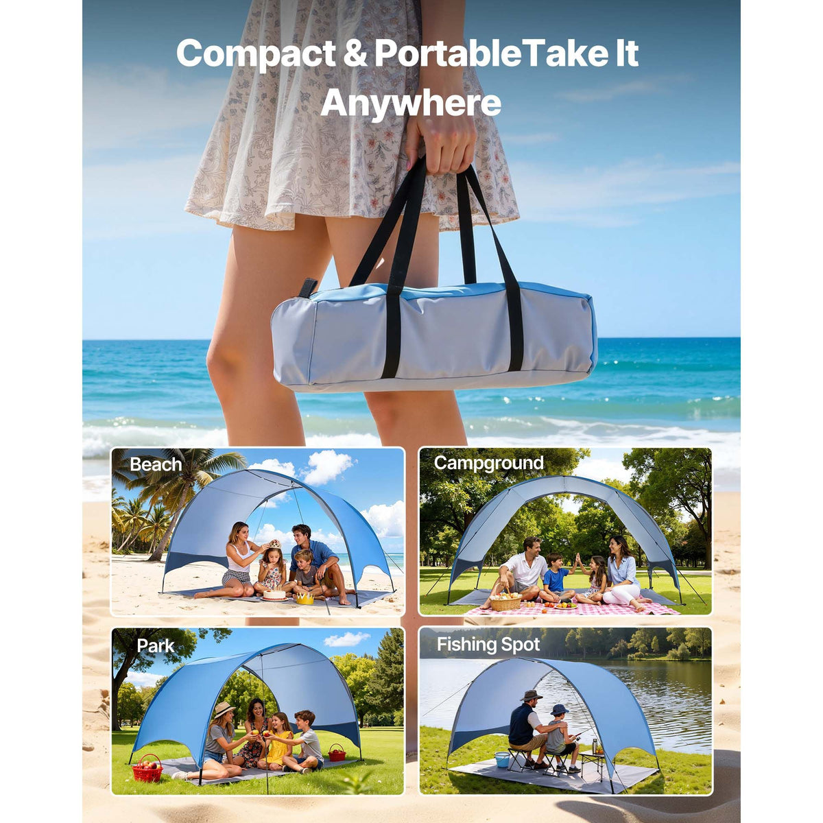 Beach Tent Sun Shelter for 4 Person, UPF 50+ Protection, Portable Sun Shade Canopy with Carrying Bag & Ground Stakes, Lightweight and Easy Setup Beach Umbrella for Camping Fishing Outdoor Picnic