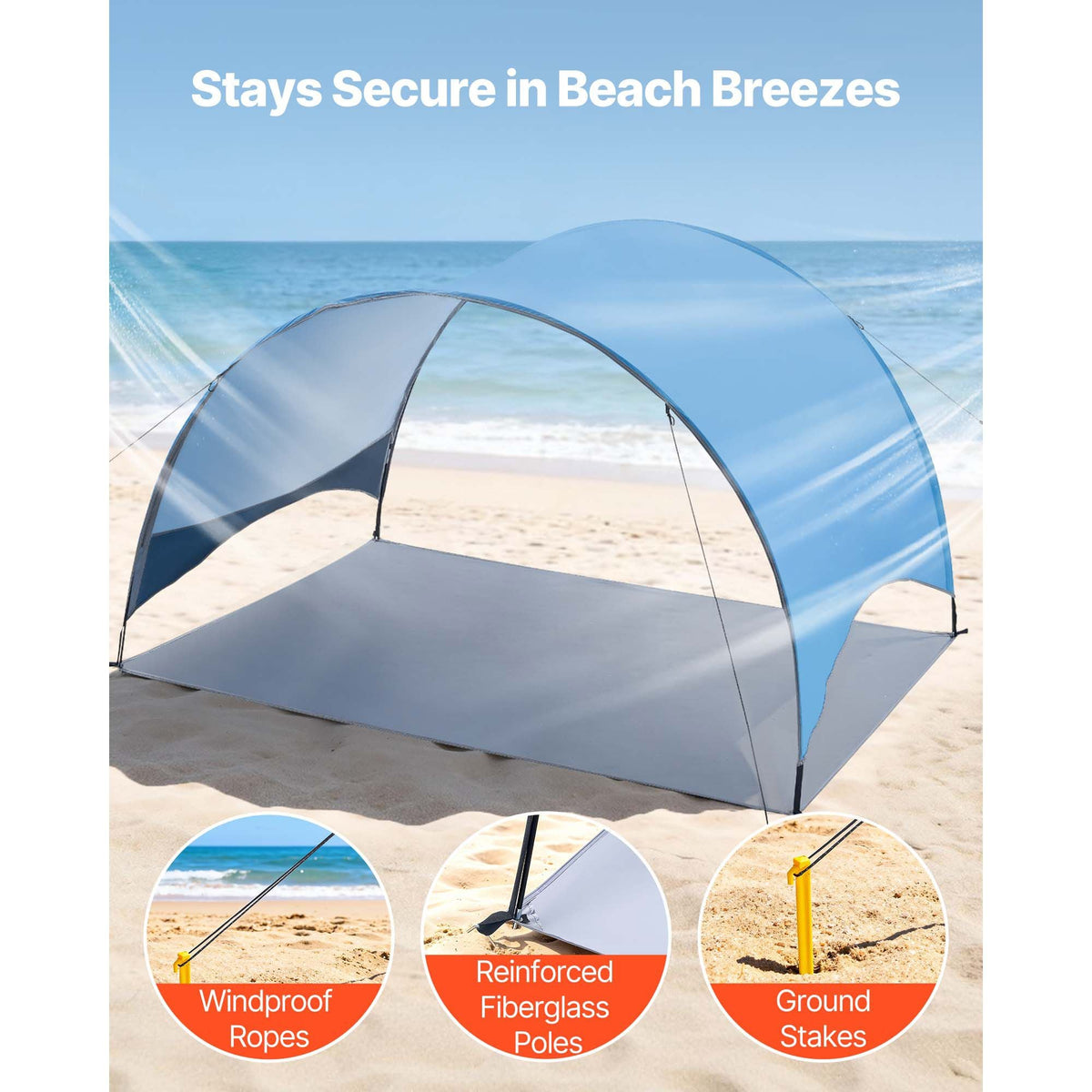 Beach Tent Sun Shelter for 4 Person, UPF 50+ Protection, Portable Sun Shade Canopy with Carrying Bag & Ground Stakes, Lightweight and Easy Setup Beach Umbrella for Camping Fishing Outdoor Picnic