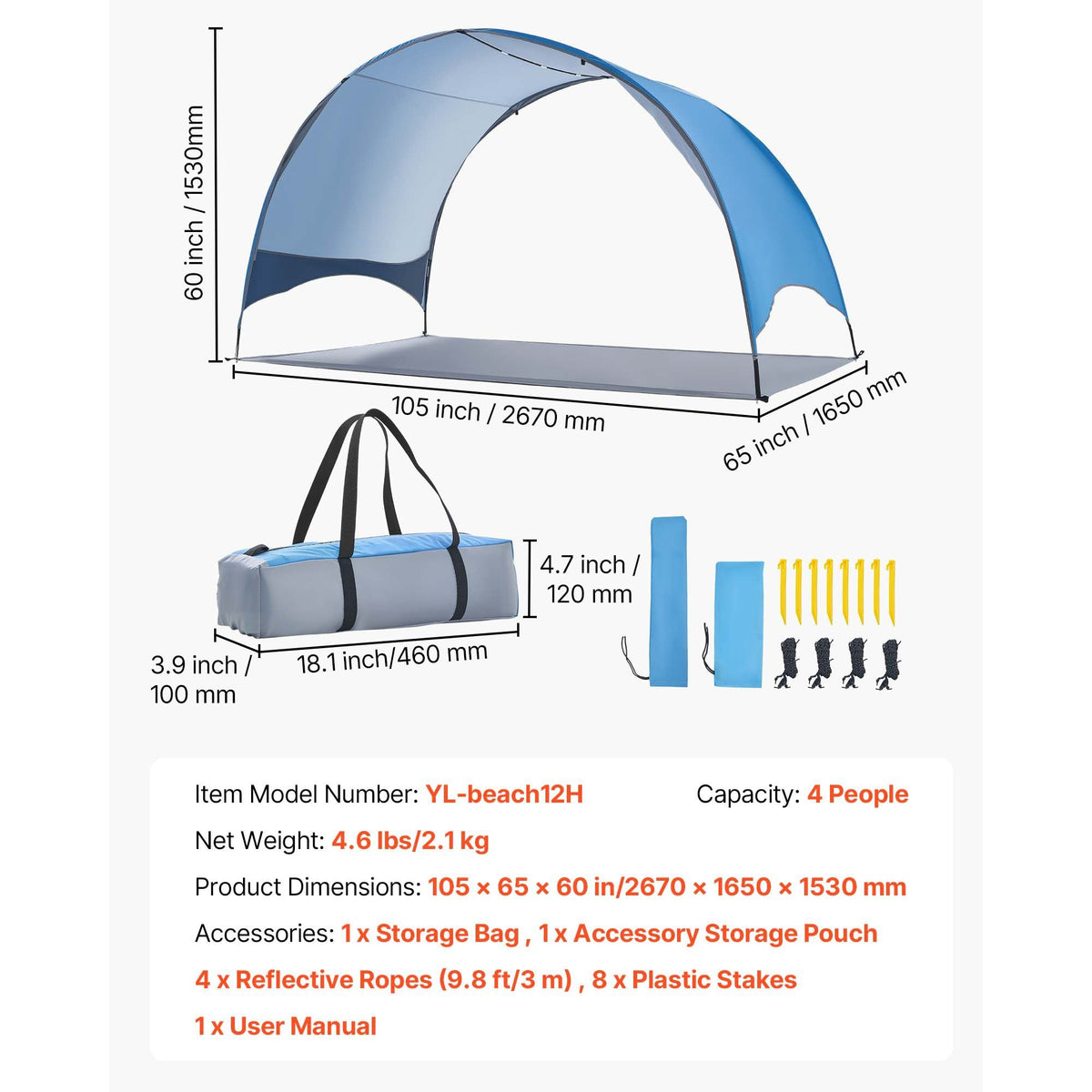 Beach Tent Sun Shelter for 4 Person, UPF 50+ Protection, Portable Sun Shade Canopy with Carrying Bag & Ground Stakes, Lightweight and Easy Setup Beach Umbrella for Camping Fishing Outdoor Picnic