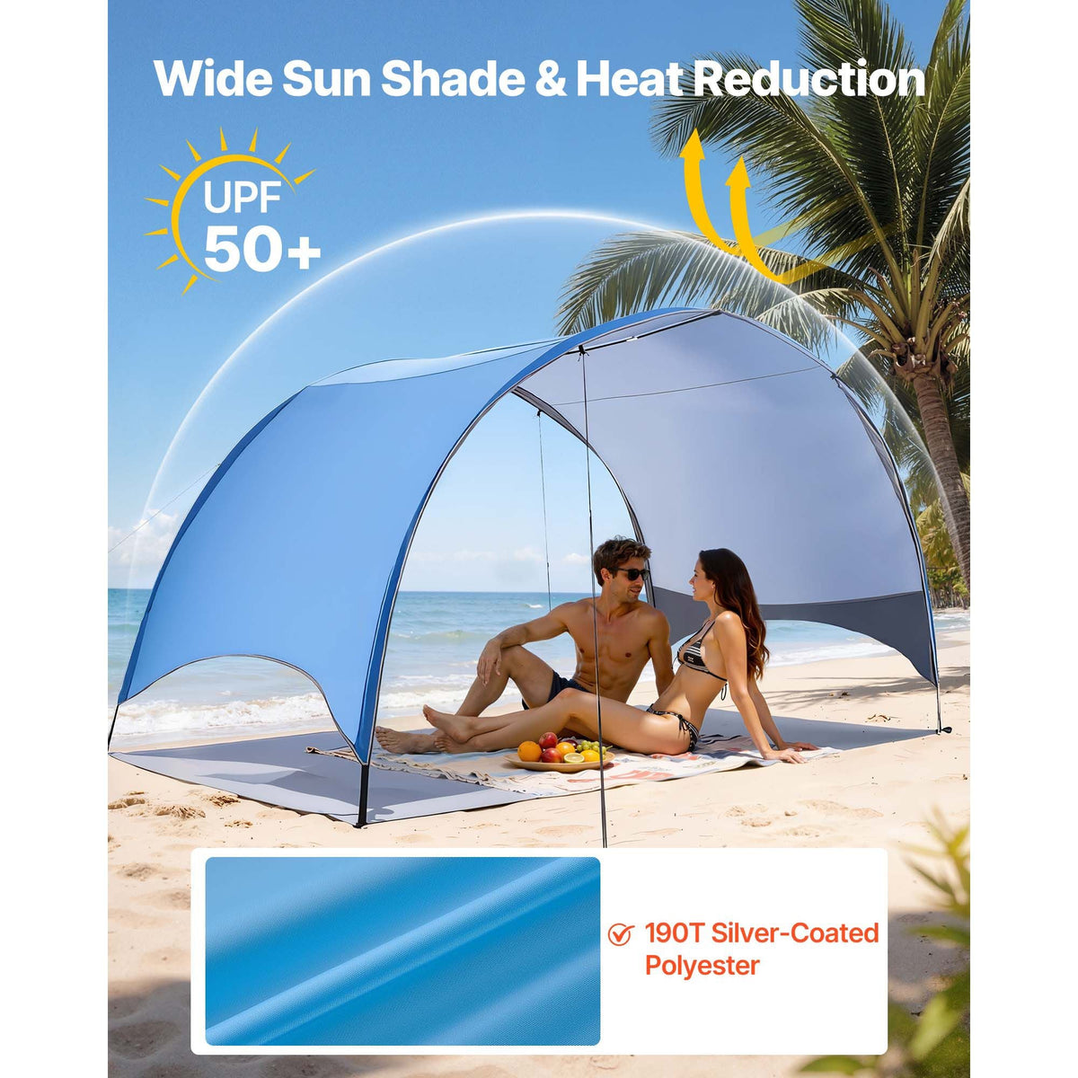 Beach Tent Sun Shelter for 4 Person, UPF 50+ Protection, Portable Sun Shade Canopy with Carrying Bag & Ground Stakes, Lightweight and Easy Setup Beach Umbrella for Camping Fishing Outdoor Picnic