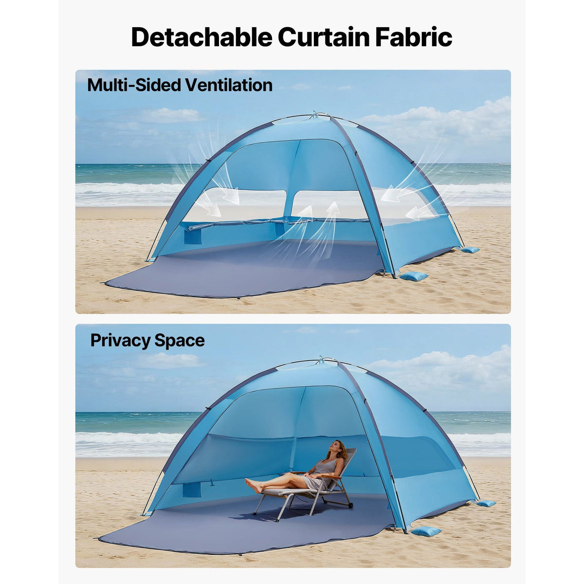 Beach Tent Sun Shelter for 6 Person, UPF 50+ Protection, Portable Sun Shade Canopy with Carrying Bag & Sand Pockets, Lightweight and Easy Setup Beach Umbrella for Camping Fishing Outdoor Picnic