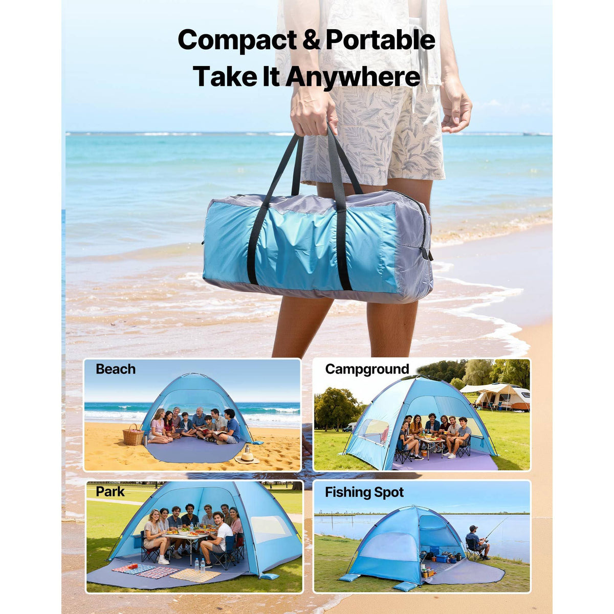 Beach Tent Sun Shelter for 8 Person, UPF 50+ Protection, Portable Sun Shade Canopy with Carrying Bag & Sand Pockets, Lightweight and Easy Setup Beach Umbrella for Camping Fishing Outdoor Picnic