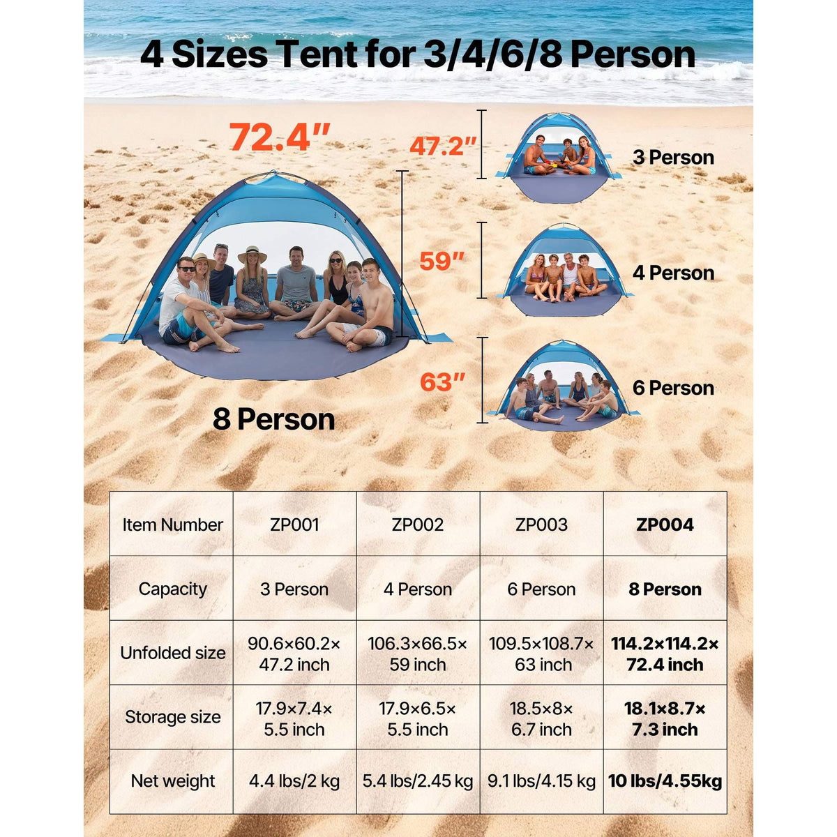 Beach Tent Sun Shelter for 8 Person, UPF 50+ Protection, Portable Sun Shade Canopy with Carrying Bag & Sand Pockets, Lightweight and Easy Setup Beach Umbrella for Camping Fishing Outdoor Picnic