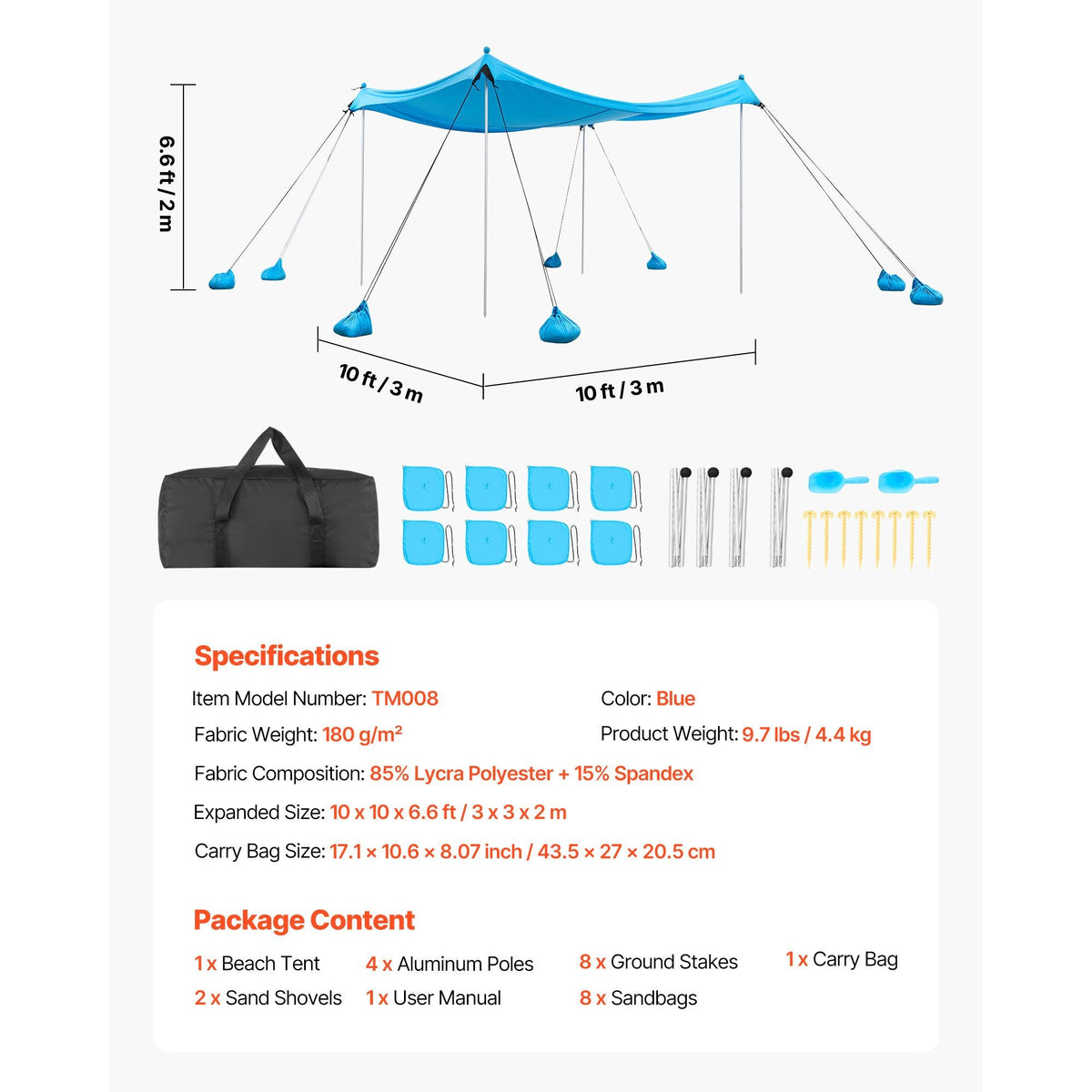 Beach Tent Sun Shelter, UPF50+ Sun Protection, 6.6 ft Tall, 10x10 ft, Easy Pop Up Beach Canopy with 8 Sandbags, Stability Poles, Sand Shovels, Portable Shade for Family Outings, Camping, Fishing