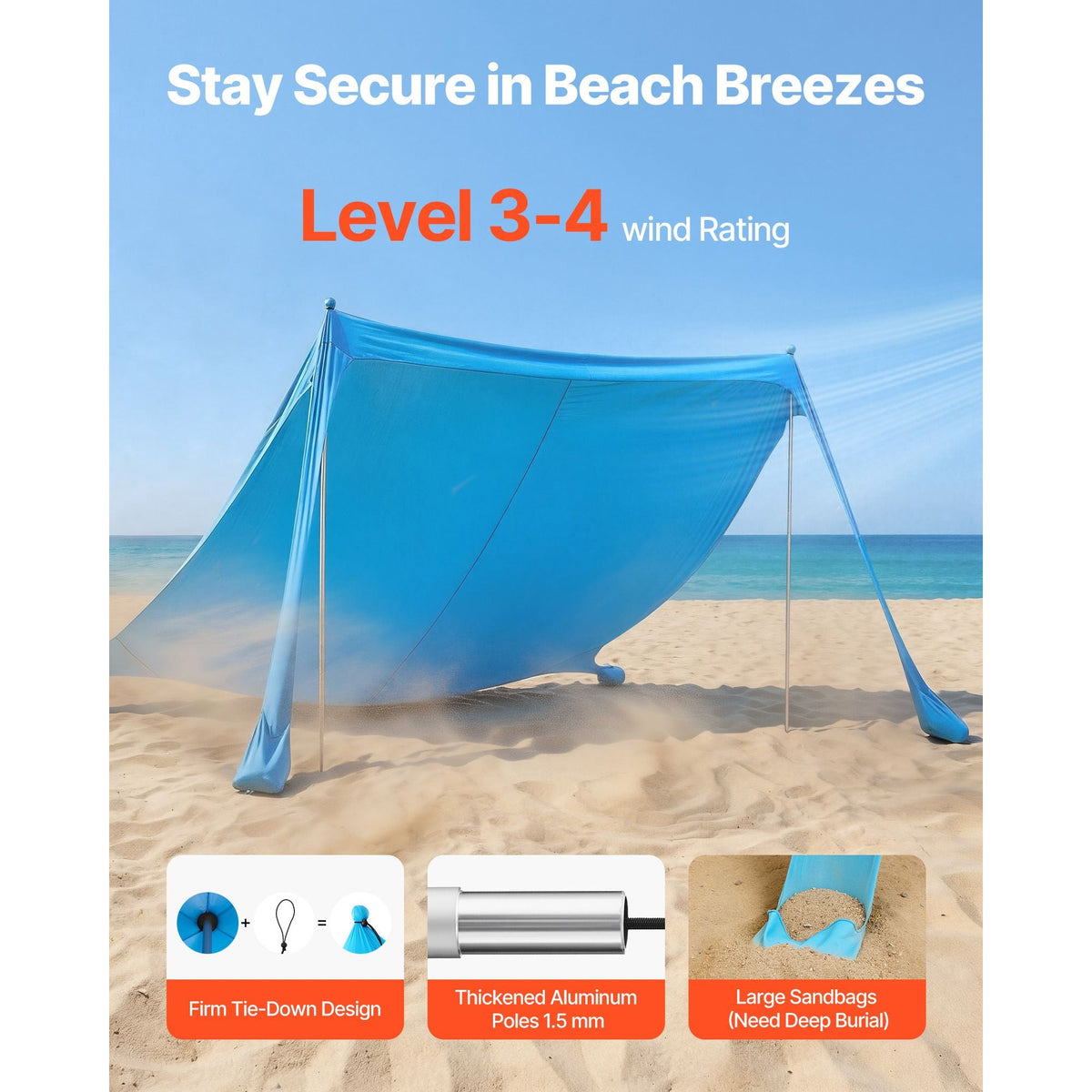 Beach Tent Sun Shelter, UPF50+ Sun Protection, 6.6 ft Tall, 11 x 11 ft, Easy Pop Up Beach Canopy with Sandbags, Stability Poles, Sand Shovels, Portable Shade for Family Outings, Camping, Fishing