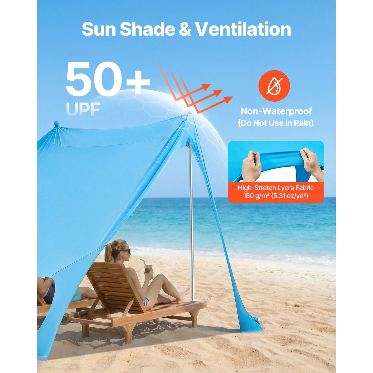 Beach Tent Sun Shelter, UPF50+ Sun Protection, 6.6 ft Tall, 7.5x7.5 ft, Easy Pop Up Beach Canopy with Sandbags, Stability Poles, Sand Shovels, Portable Shade for Family Outings, Camping, Fishing