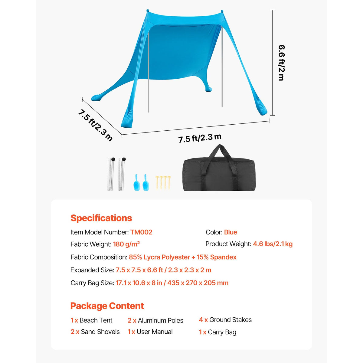 Beach Tent Sun Shelter, UPF50+ Sun Protection, 6.6 ft Tall, 7.5x7.5 ft, Easy Pop Up Beach Canopy with Sandbags, Stability Poles, Sand Shovels, Portable Shade for Family Outings, Camping, Fishing