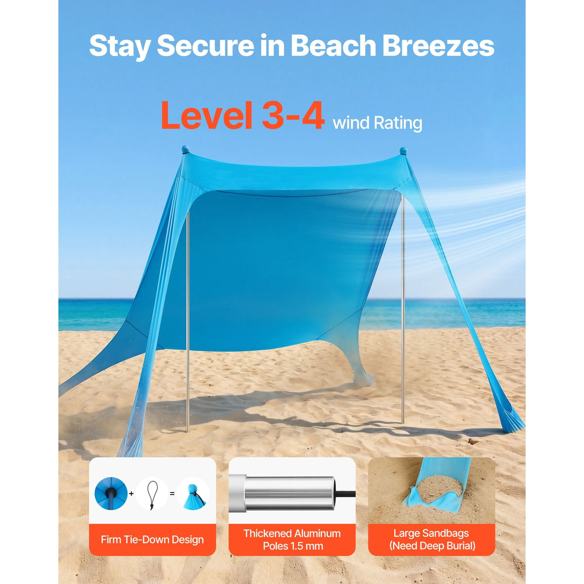 Beach Tent Sun Shelter, UPF50+ Sun Protection, 6.6 ft Tall, 7.5x7.5 ft, Easy Pop Up Beach Canopy with Sandbags, Stability Poles, Sand Shovels, Portable Shade for Family Outings, Camping, Fishing