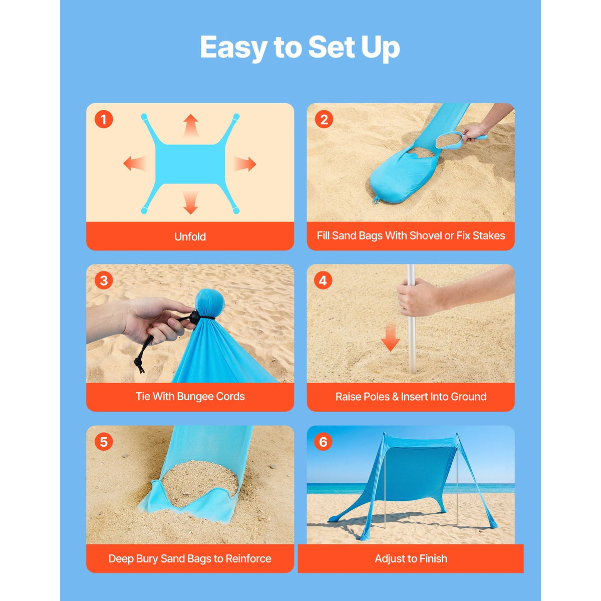 Beach Tent Sun Shelter, UPF50+ Sun Protection, 6.6 ft Tall, 7.5x7.5 ft, Easy Pop Up Beach Canopy with Sandbags, Stability Poles, Sand Shovels, Portable Shade for Family Outings, Camping, Fishing
