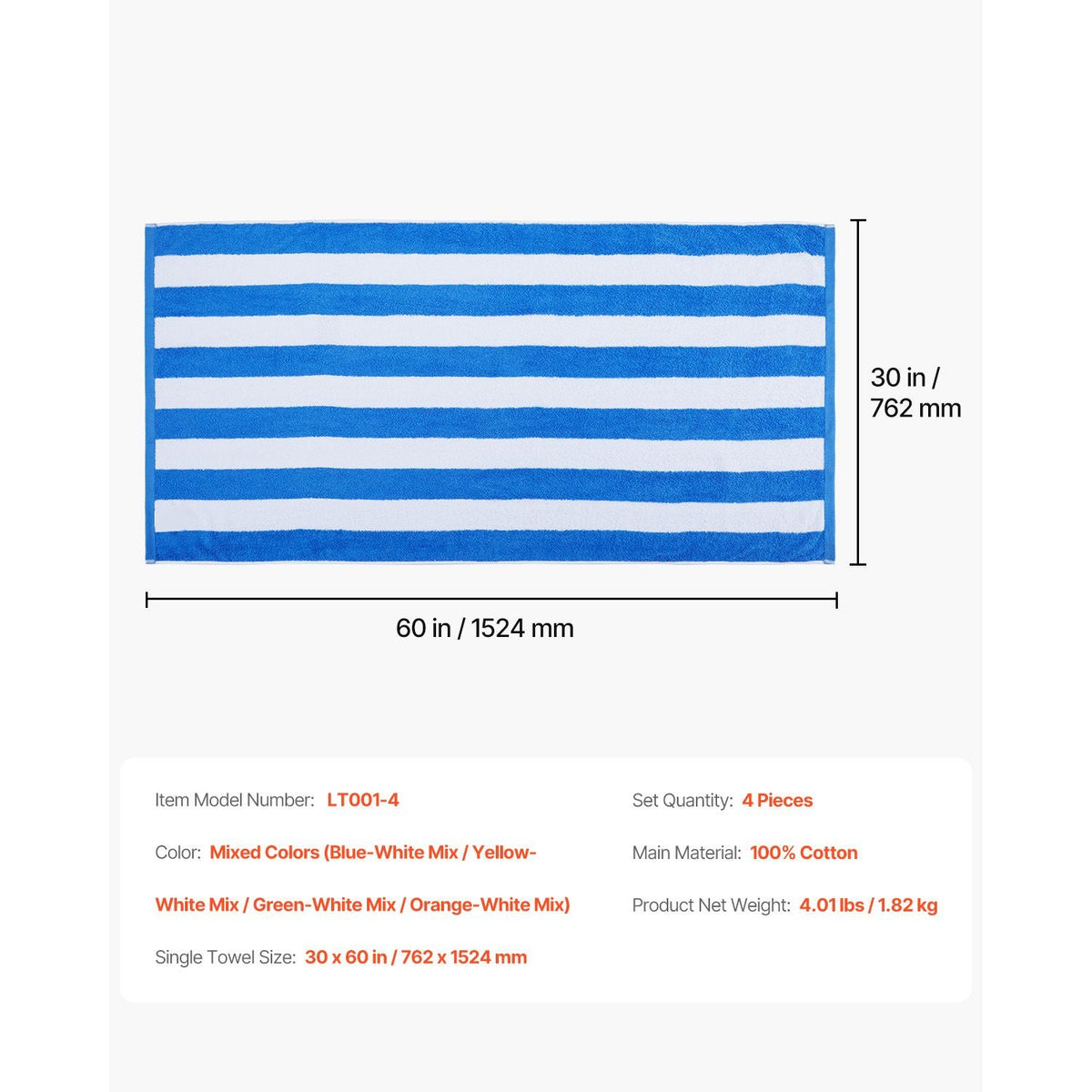 Beach Towel, 4 Pack Oversized Beach Towels, 30 x 60 in Cabana Striped Large Pool Towel, 100% Cotton Soft and Quickly Dry Thick Swimming Towels, for Vacation, Swimming, Beaches, and Bathroom