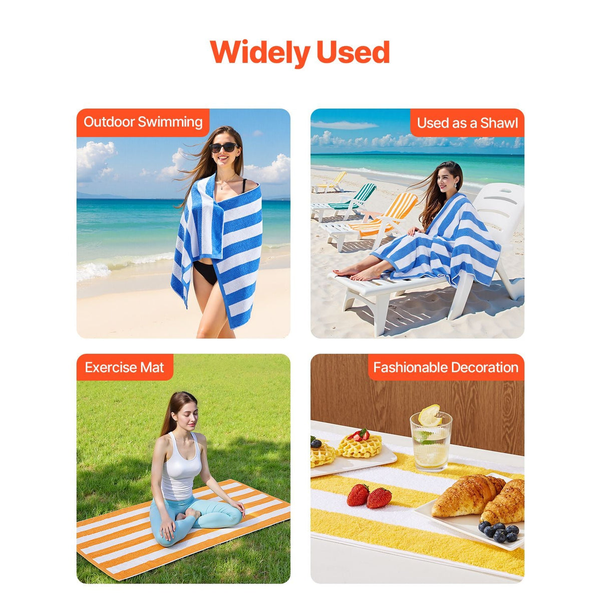 Beach Towel, 4 Pack Oversized Beach Towels, 30 x 60 in Cabana Striped Large Pool Towel, 100% Cotton Soft and Quickly Dry Thick Swimming Towels, for Vacation, Swimming, Beaches, and Bathroom