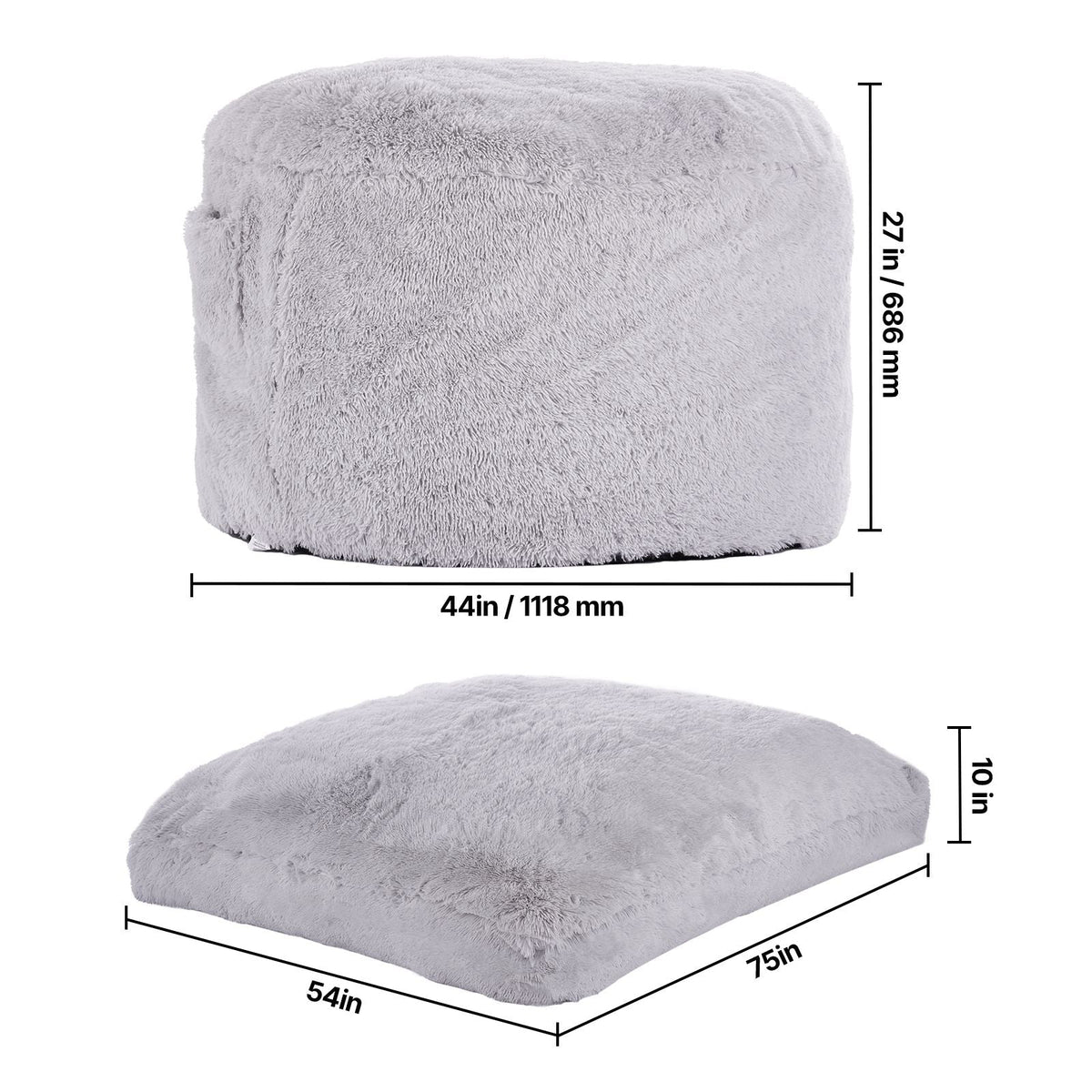 Bean Bag Bed Chair, Convertible Chair from BeanBag to Lounge or Mattress, Gaint Bean Bag Chair Bed with Washable Cover for Adults, Fluffy Plush, Foam Filling and Side Pocket, Grey(Full Size)