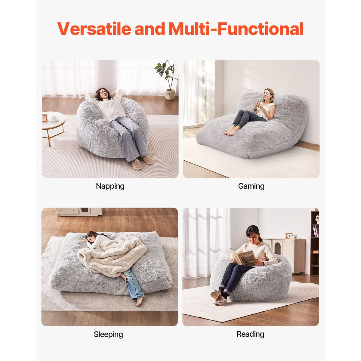 Bean Bag Bed Chair, Convertible Chair from BeanBag to Lounge or Mattress, Gaint Bean Bag Chair Bed with Washable Cover for Adults, Fluffy Plush, Foam Filling and Side Pocket, Grey(Full Size)