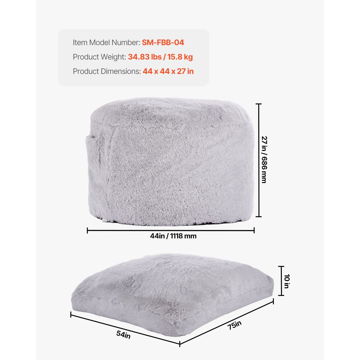 Bean Bag Bed Chair, Convertible Chair from BeanBag to Lounge or Mattress, Gaint Bean Bag Chair Bed with Washable Cover for Adults, Fluffy Plush, Foam Filling and Side Pocket, Grey(Full Size)