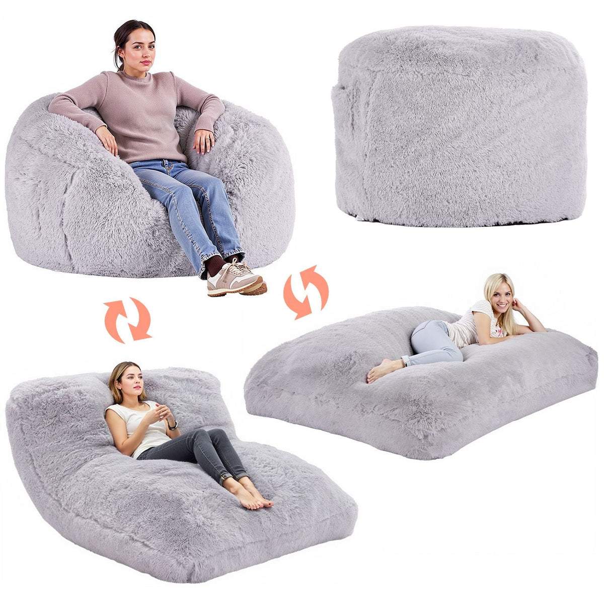 Bean Bag Bed Chair, Convertible Chair from BeanBag to Lounge or Mattress, Gaint Bean Bag Chair Bed with Washable Cover for Adults, Fluffy Plush, Foam Filling and Side Pocket, Grey(Full Size)