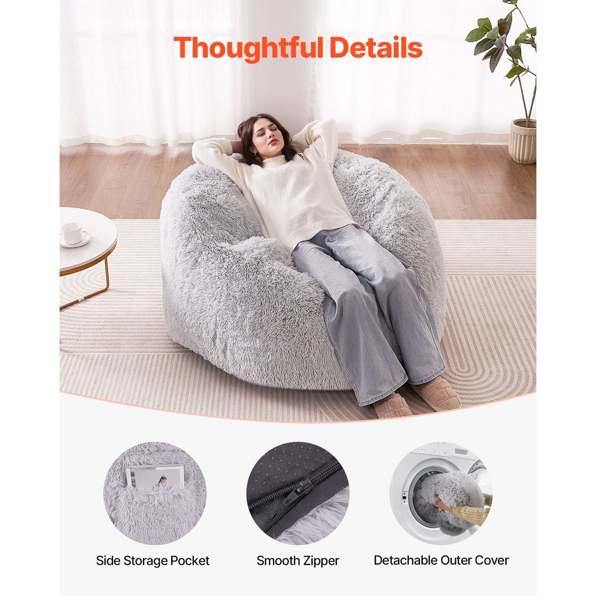 Bean Bag Bed Chair, Convertible Chair from BeanBag to Lounge or Mattress, Gaint Bean Bag Chair Bed with Washable Cover for Adults, Fluffy Plush, Foam Filling and Side Pocket, Grey(Full Size)