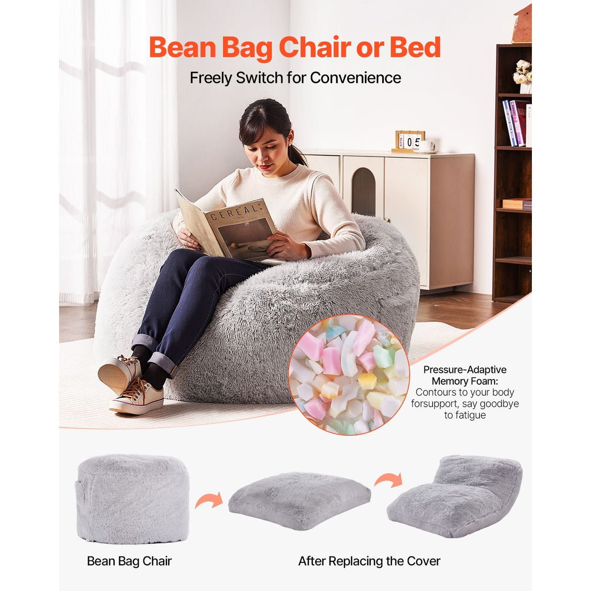 Bean Bag Bed Chair, Convertible Chair from BeanBag to Lounge or Mattress, Gaint Bean Bag Chair Bed with Washable Cover for Adults, Fluffy Plush, Foam Filling and Side Pocket, Grey(Full Size)