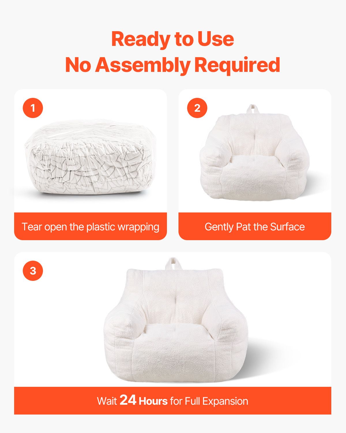 Bean Bag Chair, 3 feet Bean Bag Chair with Soft Armrests and Storage Pocket, 25D Memory Foam Filled with Soft Teddy Velvet Cover, Bean Bag for Bedroom or Playroom, White