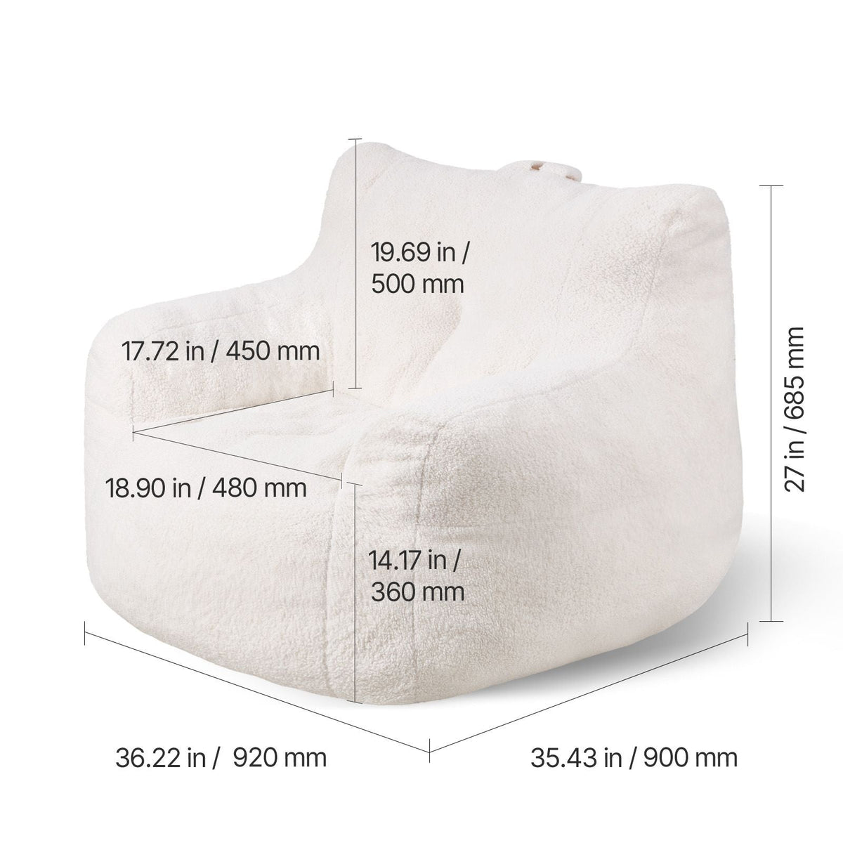 Bean Bag Chair, 3 feet Bean Bag Chair with Soft Armrests and Storage Pocket, 25D Memory Foam Filled with Soft Teddy Velvet Cover, Bean Bag for Bedroom or Playroom, White