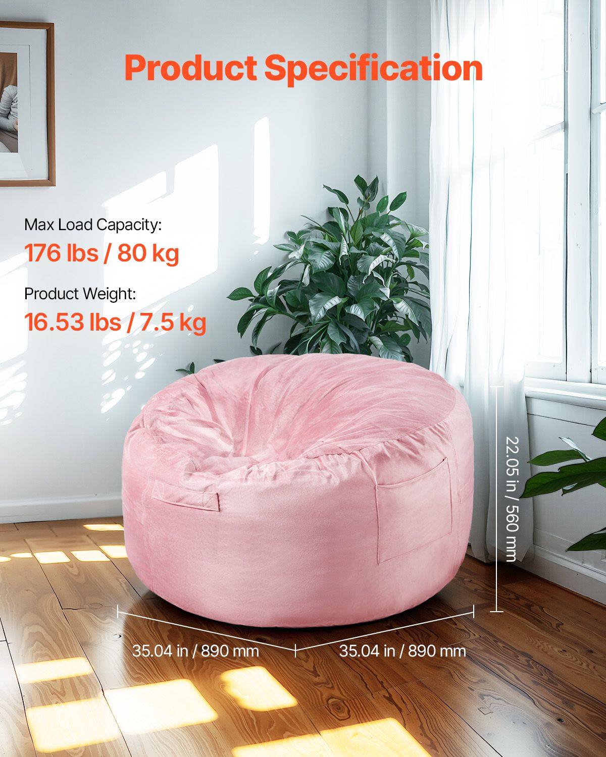 Bean Bag Chair, 3 feet Round Bean Bag Chair with Removable and Washable Cover, 25D Memory Foam Filled with Soft and Smooth Dutch Velvet, Bean Bag for Bedroom or Playroom, Pink