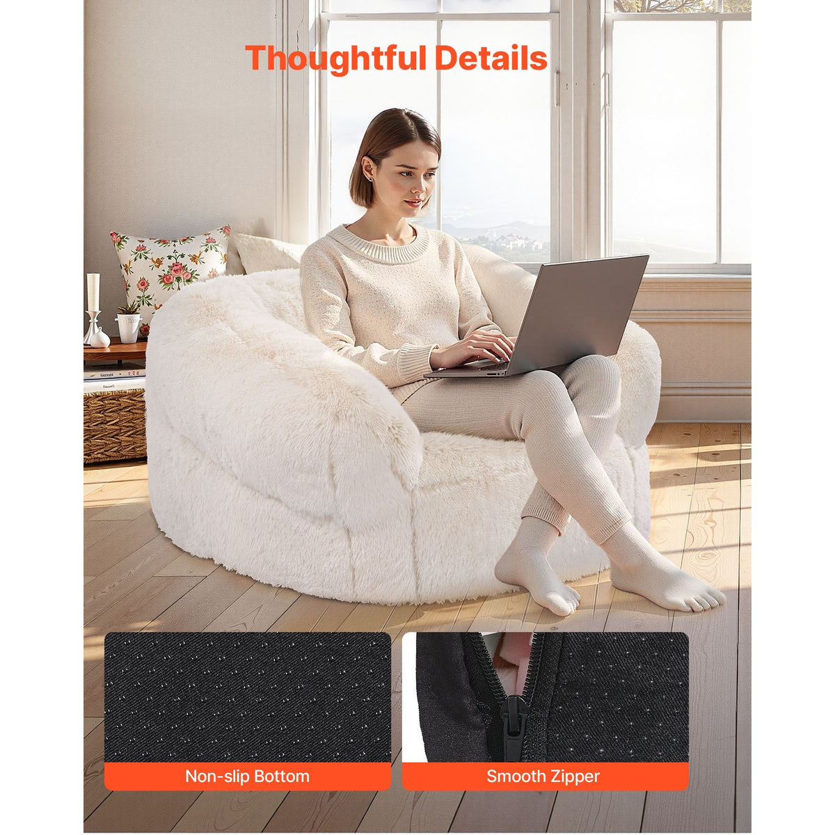 Bean Bag Chair, BeanBag Sofa Chair with Armrests for Adults, Fluffy Plush & High-Density Foam Filling Adult Bean Bag with Zapper, Comfy Lazy Sofa Chair Ideal for Living Room, Bedroom, Beige
