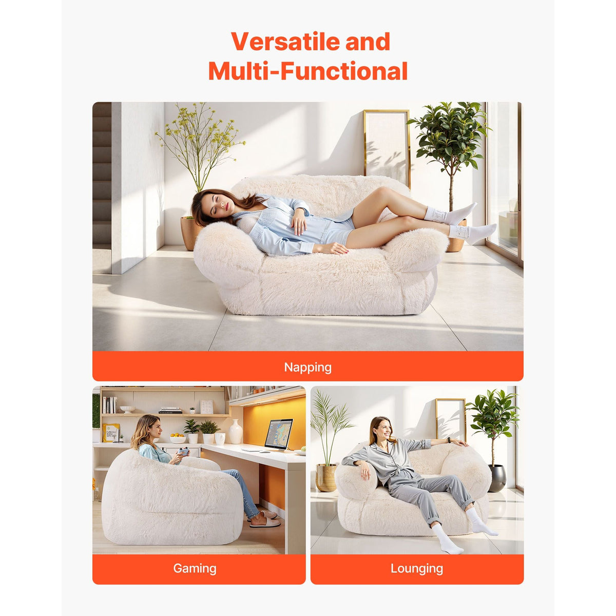 Bean Bag Chair, BeanBag Sofa Chair with Armrests for Adults, Fluffy Plush & High-Density Foam Filling Adult Bean Bag with Zapper, Comfy Lazy Sofa Chair Ideal for Living Room, Bedroom, Beige