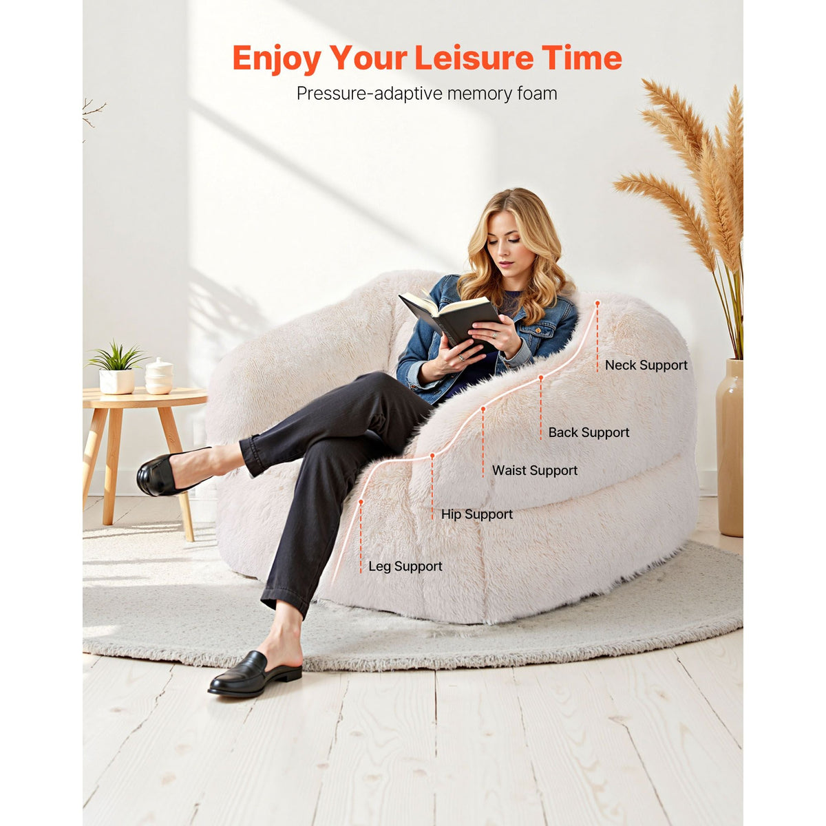 Bean Bag Chair, BeanBag Sofa Chair with Armrests for Adults, Fluffy Plush & High-Density Foam Filling Adult Bean Bag with Zapper, Comfy Lazy Sofa Chair Ideal for Living Room, Bedroom, Beige