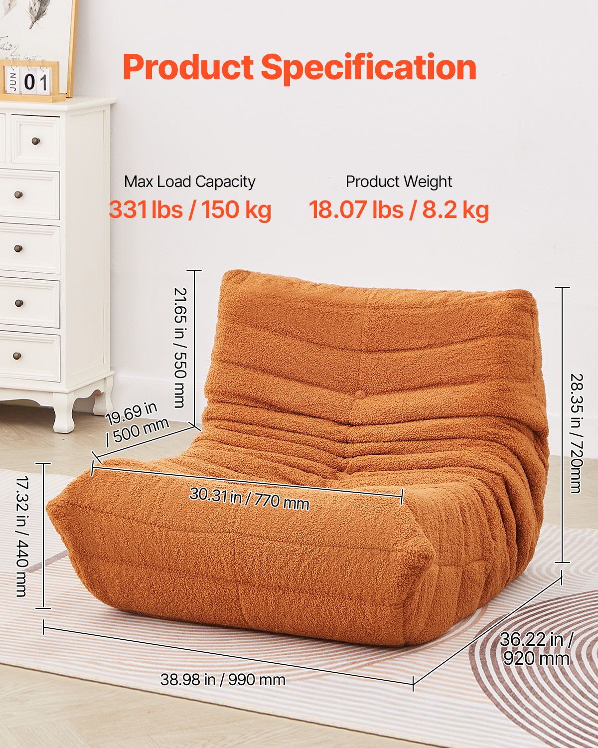 Bean Bag Chair, L-Shaped Bean Bag Chair with Soft Armrests and Storage Pocket, 25D Memory Foam Filled with Soft Teddy Velvet Cover, Bean Bag for Bedroom or Playroom, Brown